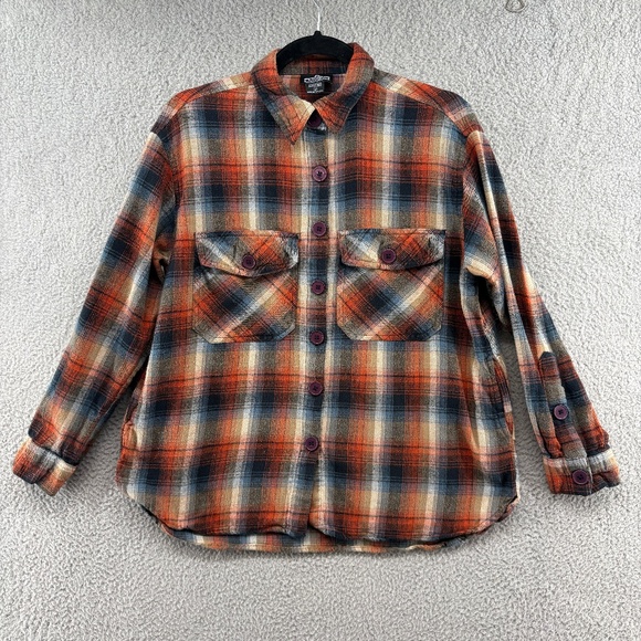 Angie Plaid Flannel Button-Down Shirt Women’s Small Rust Navy Tan Cotton Pockets - Picture 1 of 10